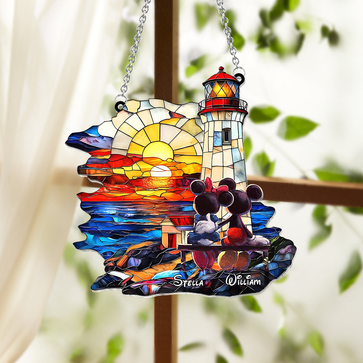 Romantic Sunset Lighthouse - Personalized Mouse Window Hanging Suncatcher Ornament