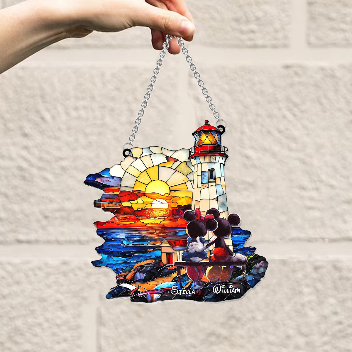 Romantic Sunset Lighthouse - Personalized Mouse Window Hanging Suncatcher Ornament