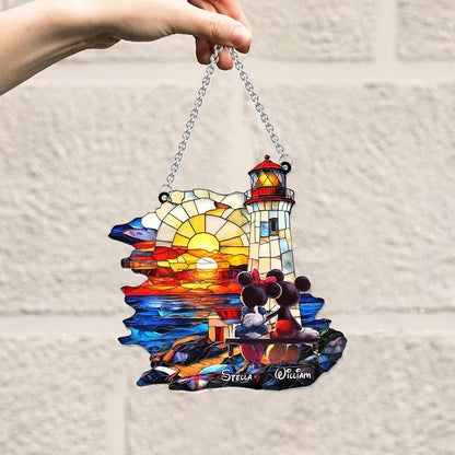 Romantic Sunset Lighthouse - Personalized Mouse Window Hanging Suncatcher Ornament