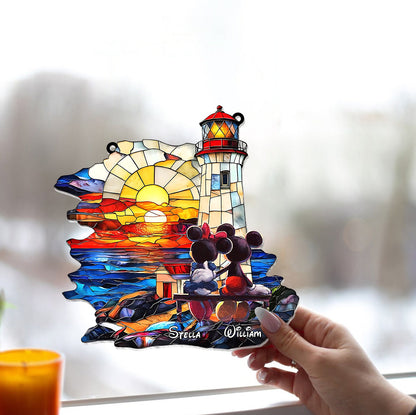 Romantic Sunset Lighthouse - Personalized Mouse Window Hanging Suncatcher Ornament