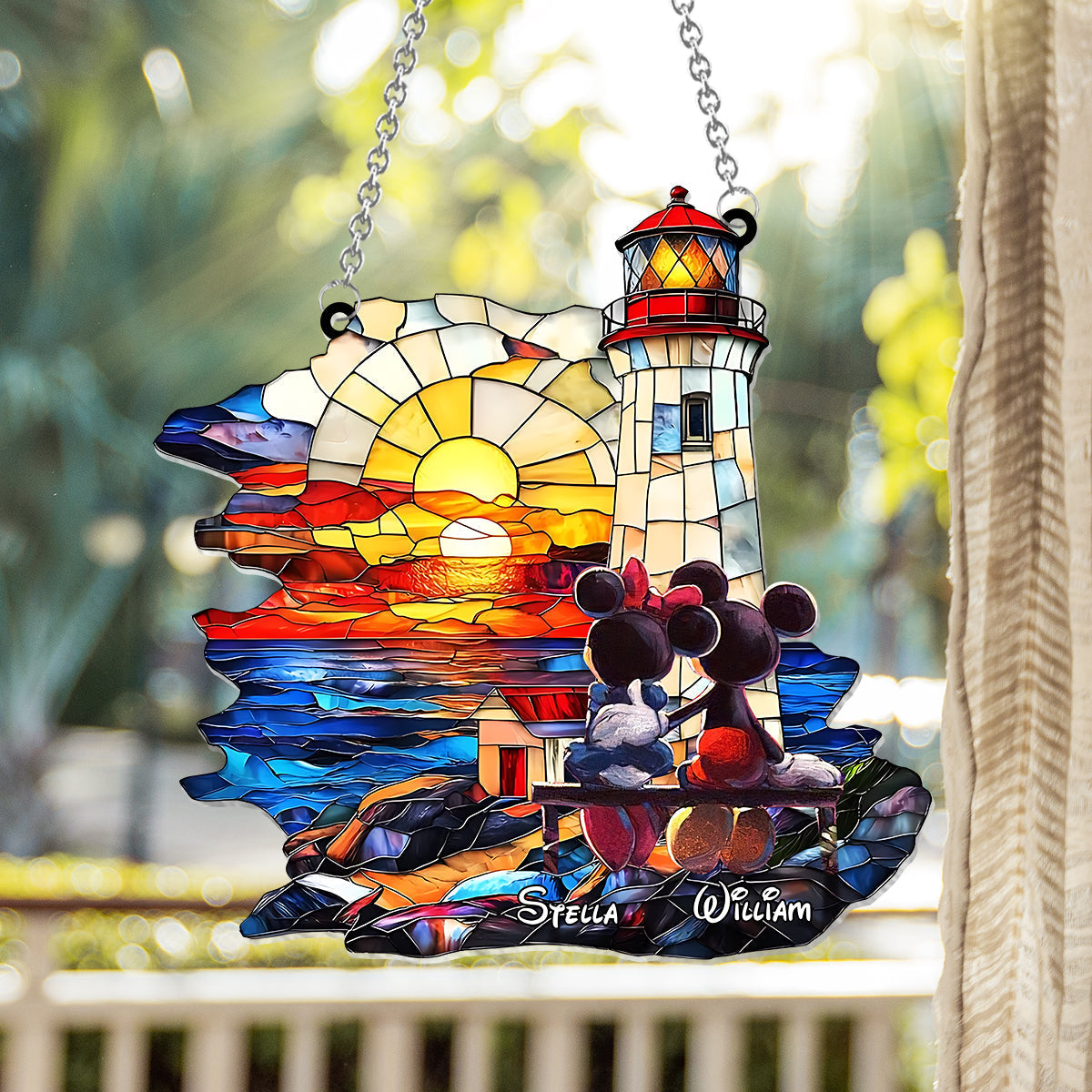 Romantic Sunset Lighthouse - Personalized Mouse Window Hanging Suncatcher Ornament