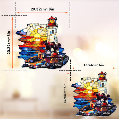 Romantic Sunset Lighthouse - Personalized Mouse Window Hanging Suncatcher Ornament