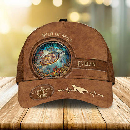 Salty Lil' Beach Sea Turtle Stained Glass - Personalized Turtle Classic Cap