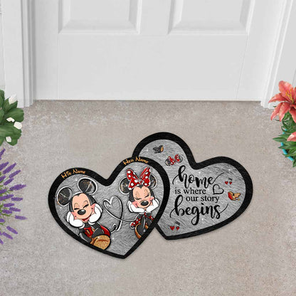 Home Is Where Our Story Begins - Personalized Couple Mouse Shaped Doormat