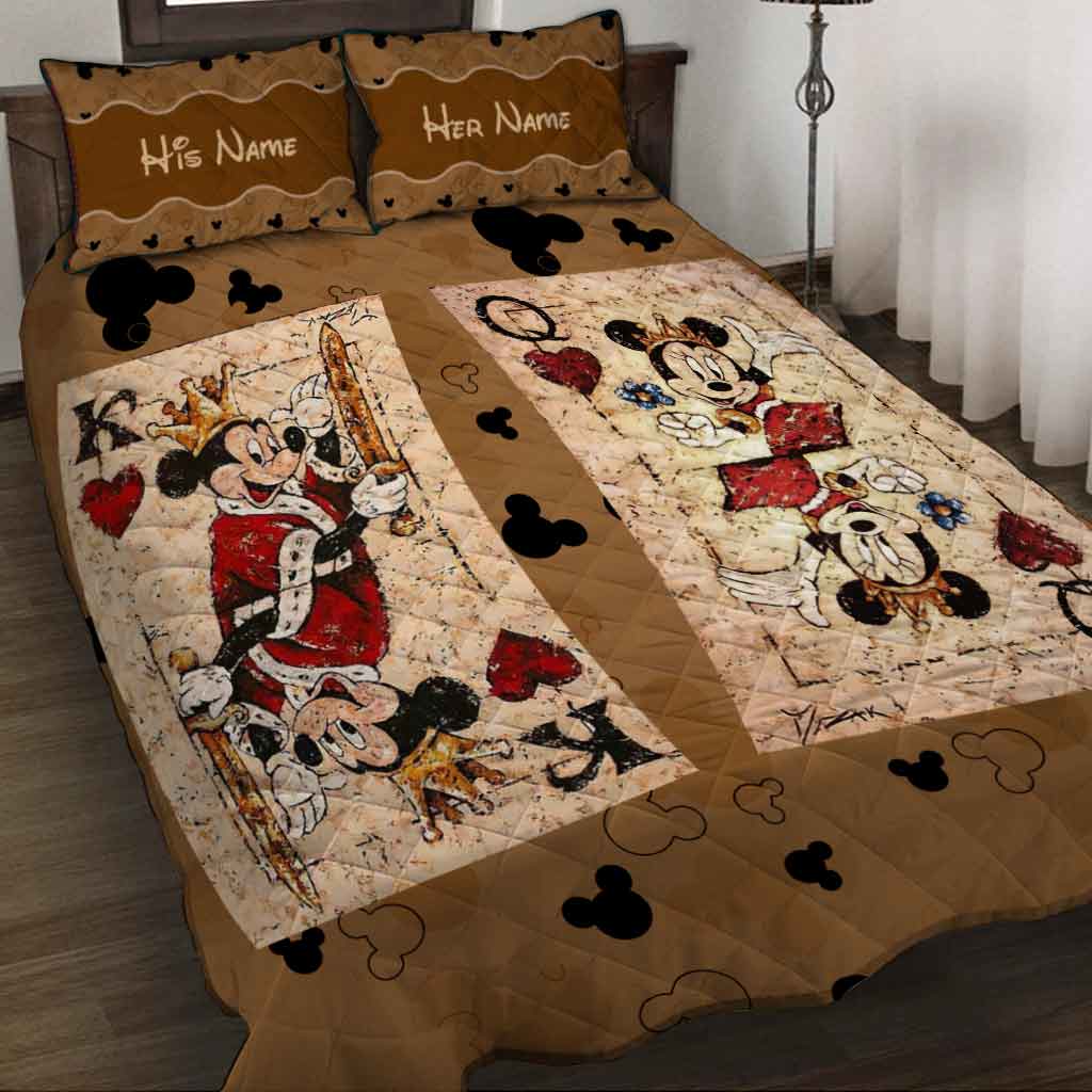 His Queen Her King - Personalized Couple Mouse Quilt Set With Leather Pattern Print