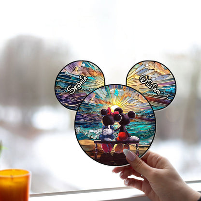 Happy Couple Enjoying Romantic Beach - Personalized Mouse Window Hanging Suncatcher Ornament