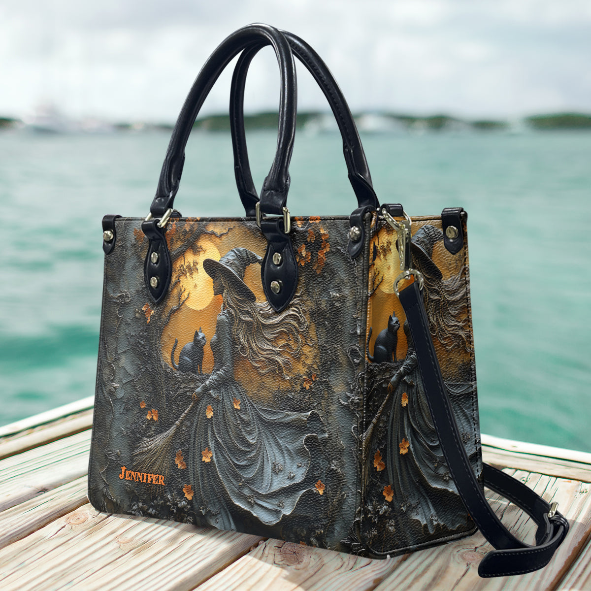 Beautiful Witch & Her Black Cat - Personalized Witch Leather Handbag