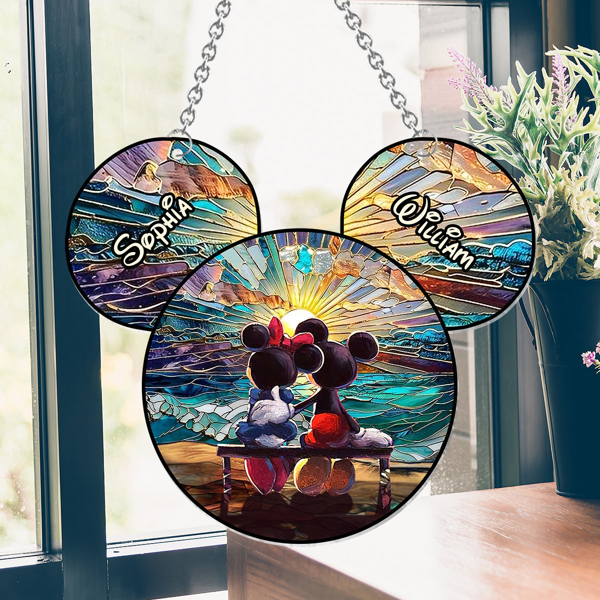 Happy Couple Enjoying Romantic Beach - Personalized Mouse Window Hanging Suncatcher Ornament