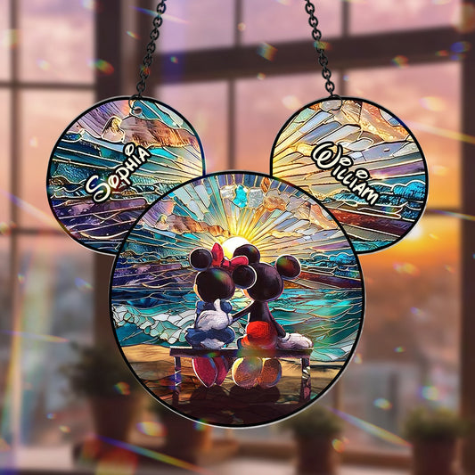 Happy Couple Enjoying Romantic Beach - Personalized Mouse Window Hanging Suncatcher Ornament
