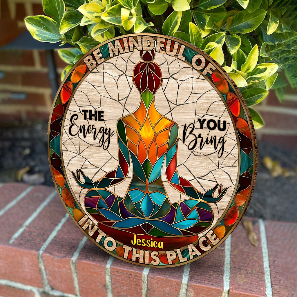 Please Be Mindful - Personalized Yoga Round Wood Sign