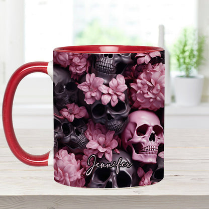 Pink Flowers Black Skulls - Personalized Skull Accent Mug