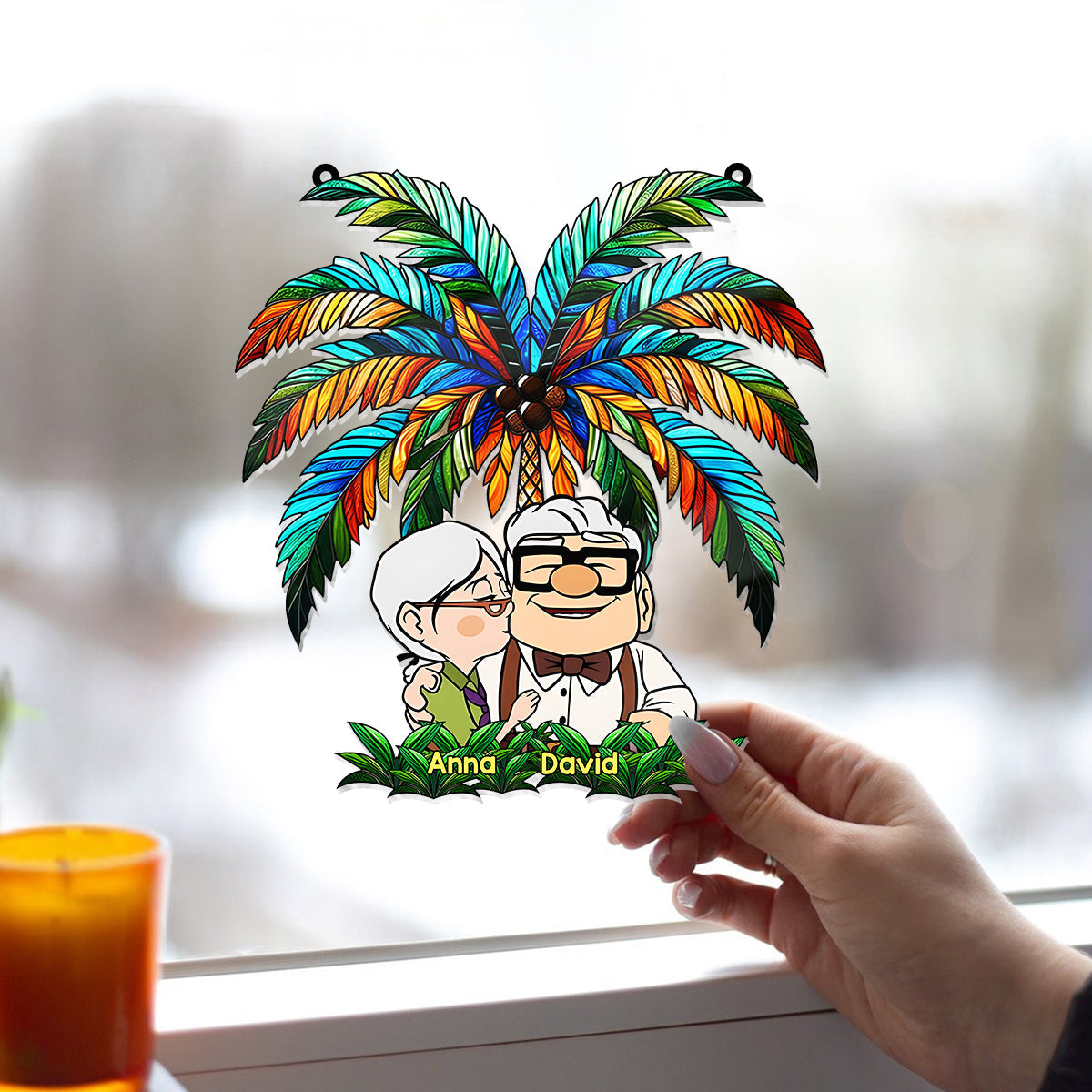 Carl And Ellie Under The Palm Tree - Personalized Mouse Window Hanging Suncatcher Ornament