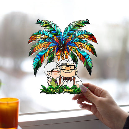 Carl And Ellie Under The Palm Tree - Personalized Mouse Window Hanging Suncatcher Ornament