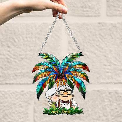 Carl And Ellie Under The Palm Tree - Personalized Mouse Window Hanging Suncatcher Ornament