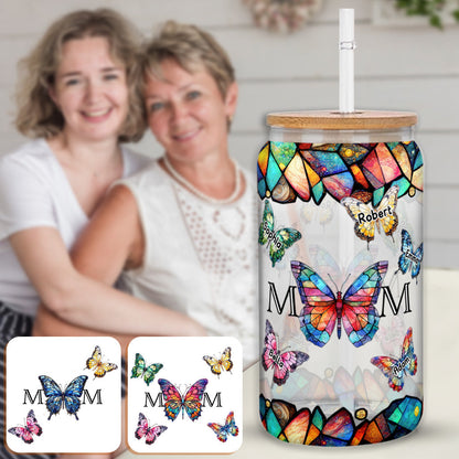 Mom Butterfly Colorful Stained Glass - Personalized Mother Can Glass