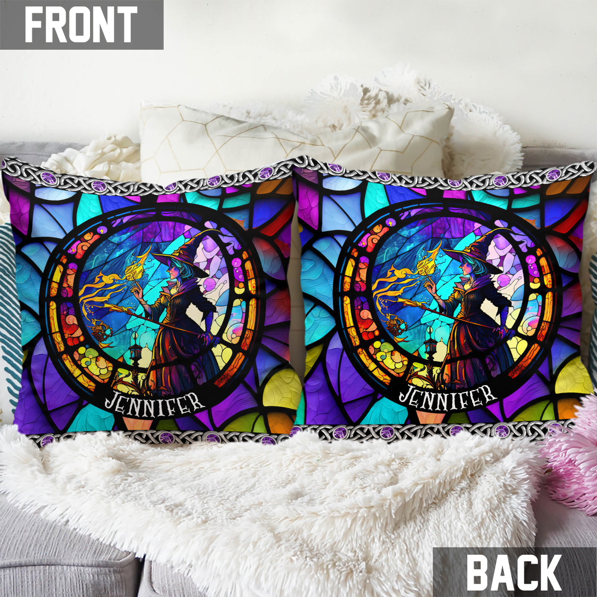 Beautiful Stained Glass Witch - Personalized Witch Throw Pillow