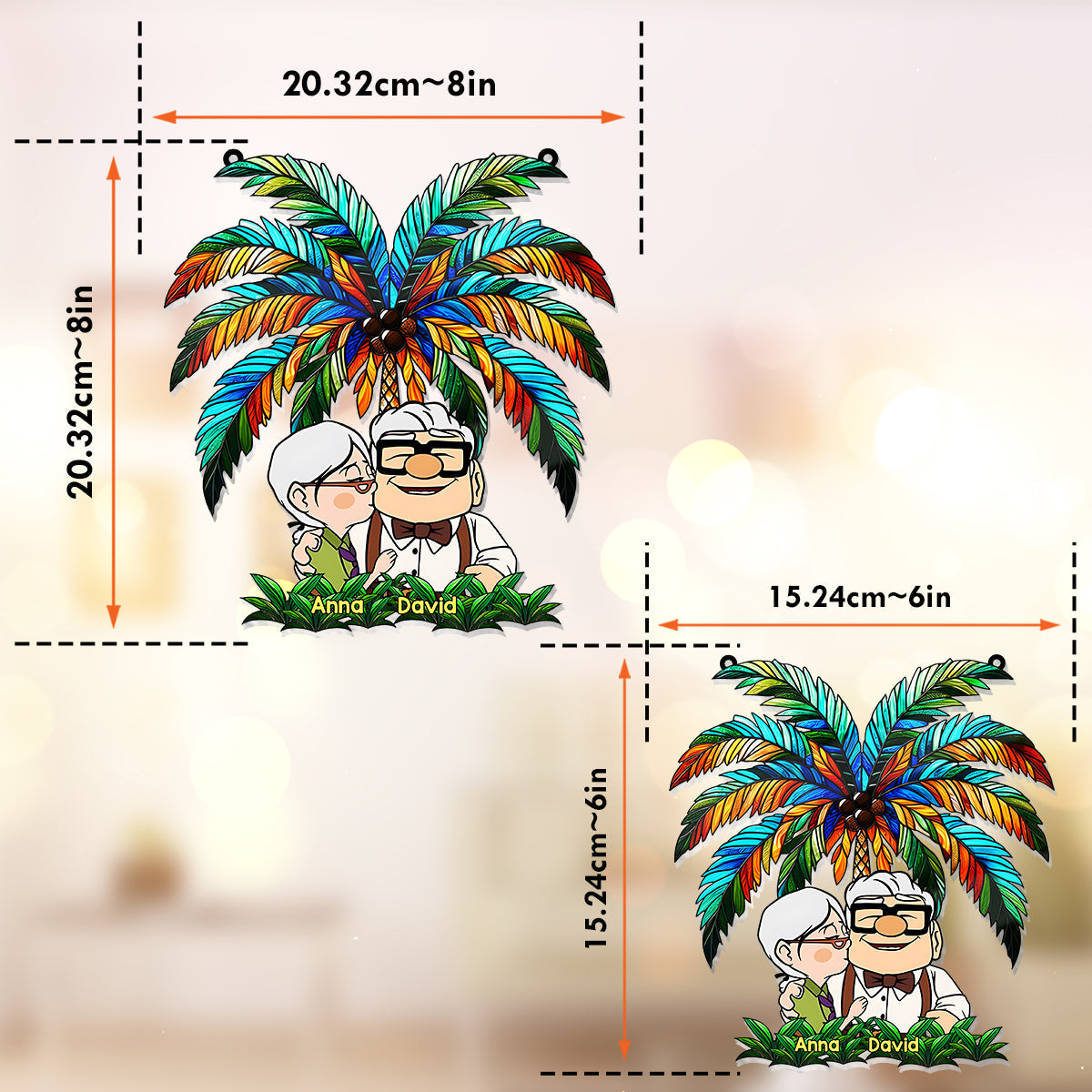 Carl And Ellie Under The Palm Tree - Personalized Mouse Window Hanging Suncatcher Ornament