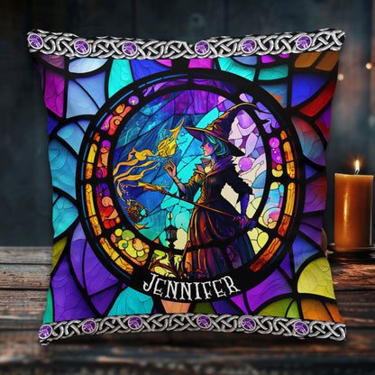 Beautiful Stained Glass Witch - Personalized Witch Throw Pillow