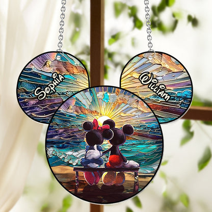 Happy Couple Enjoying Romantic Beach - Personalized Mouse Window Hanging Suncatcher Ornament