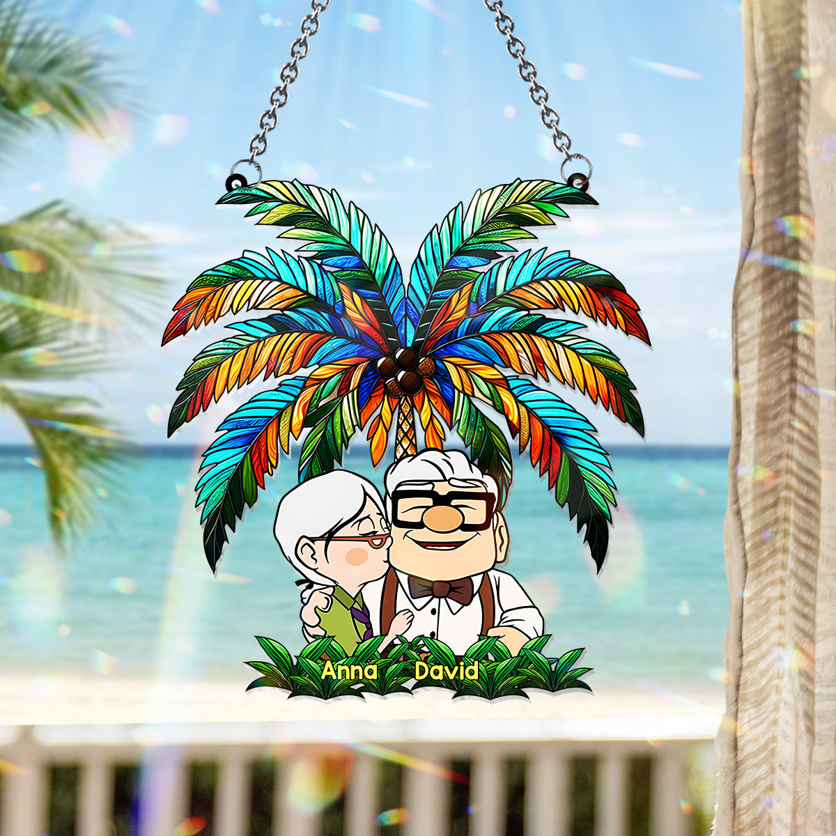 Carl And Ellie Under The Palm Tree - Personalized Mouse Window Hanging Suncatcher Ornament