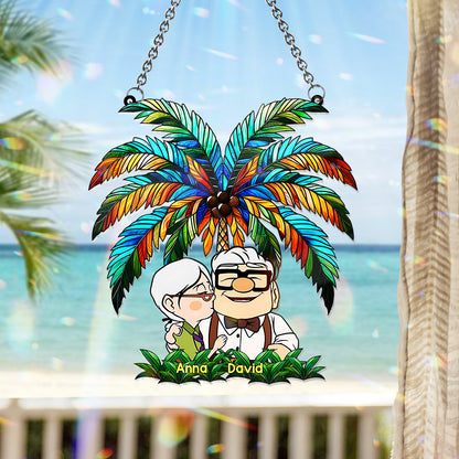 Carl And Ellie Under The Palm Tree - Personalized Mouse Window Hanging Suncatcher Ornament