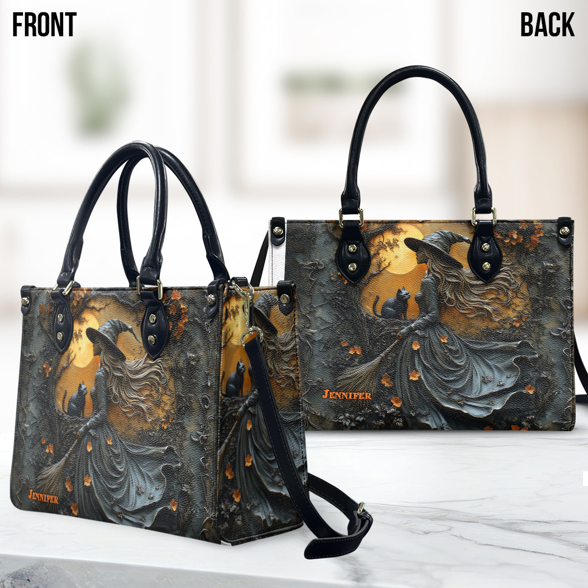 Beautiful Witch & Her Black Cat - Personalized Witch Leather Handbag