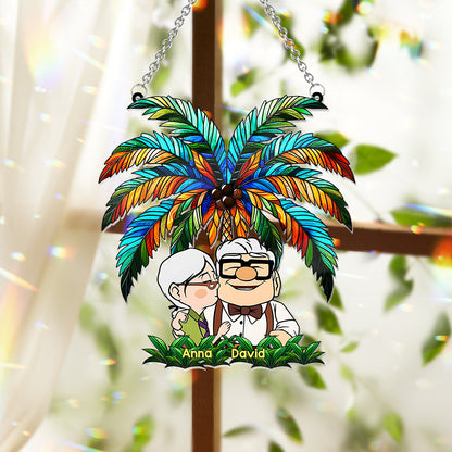 Carl And Ellie Under The Palm Tree - Personalized Mouse Window Hanging Suncatcher Ornament