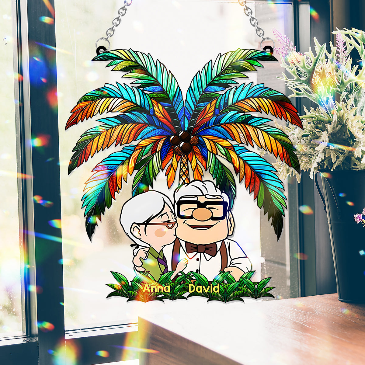 Carl And Ellie Under The Palm Tree - Personalized Mouse Window Hanging Suncatcher Ornament