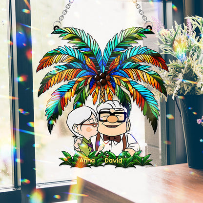 Carl And Ellie Under The Palm Tree - Personalized Mouse Window Hanging Suncatcher Ornament