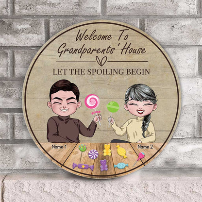 Grandparents' House Where Treats Are Many - Personalized Grandma Round Wood Sign