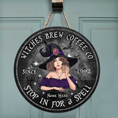 Stop In For A Spell - Personalized Halloween Witch Round Wood Sign