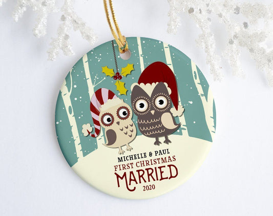 Owl Couple First Christmas Married - Personalized Owl Ornament (Printed On Both Sides) 1122