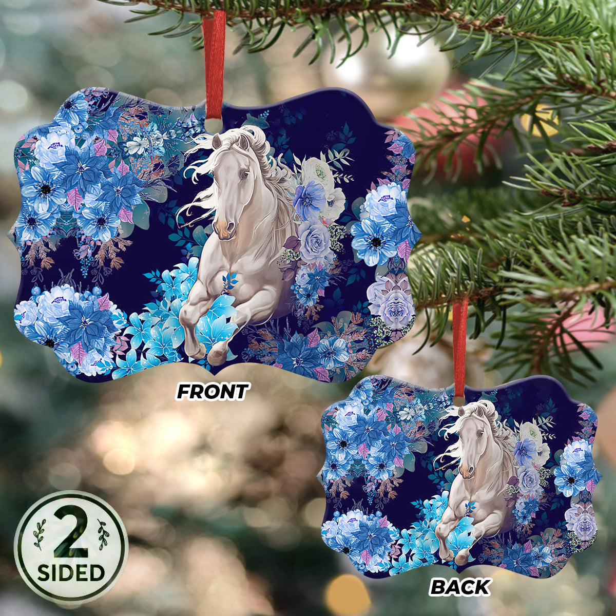 Floral White Horse - Horse Ornament (Printed On Both Sides) 1022