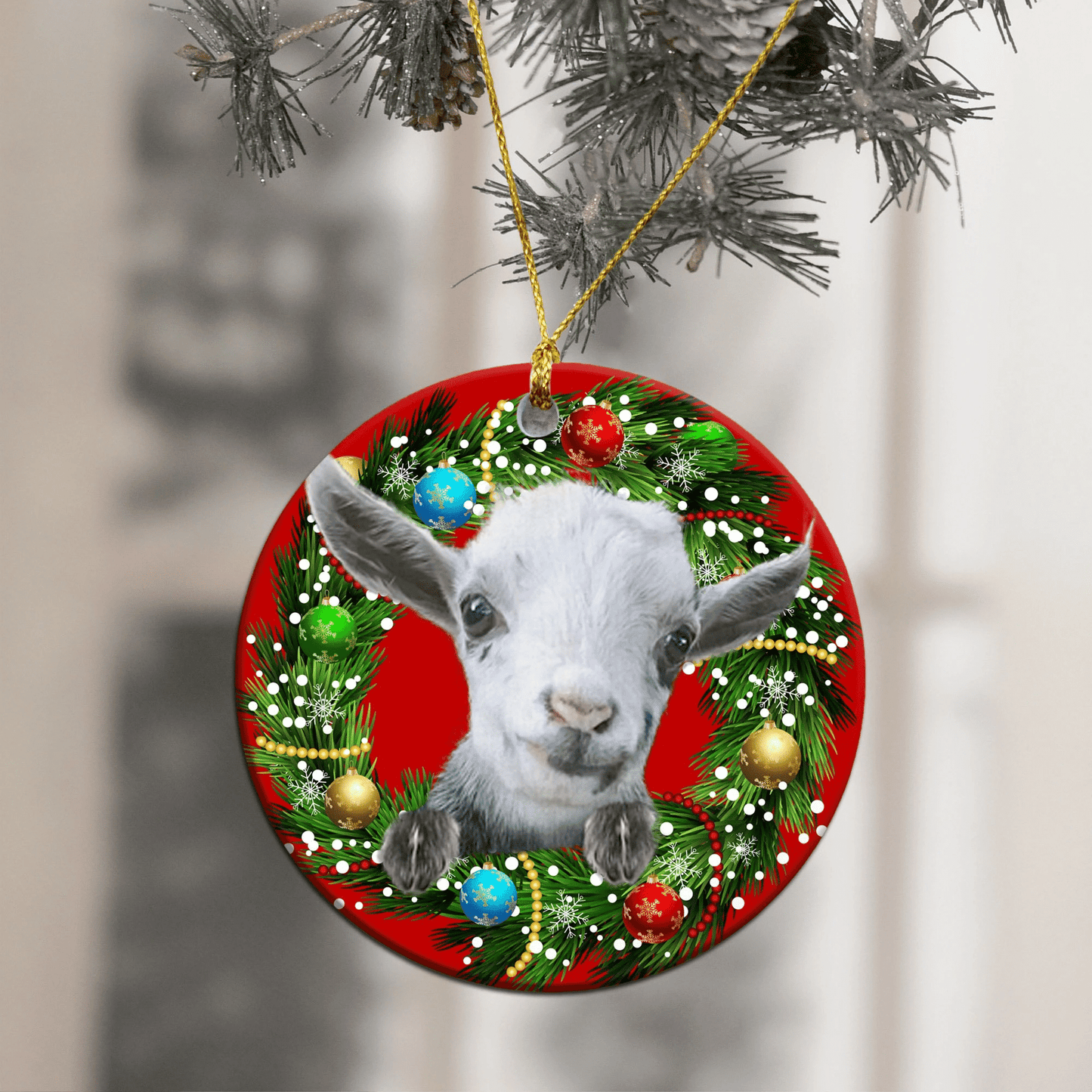 Cute Goat Red Wreath - Goat Ornament (Printed On Both Sides) 1122