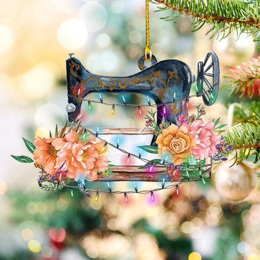 Sewing Machine With Pink And Yellow Rose Pattern - Sewing Ornament (Printed On Both Sides) 1122
