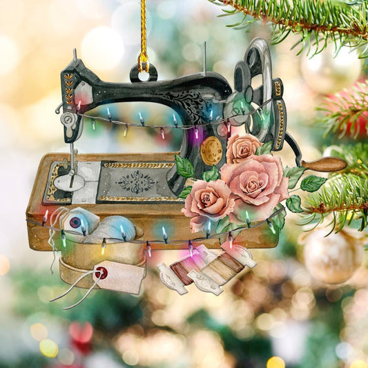 Sewing Machine With Pink Rose Pattern - Sewing Ornament (Printed On Both Sides) 1122