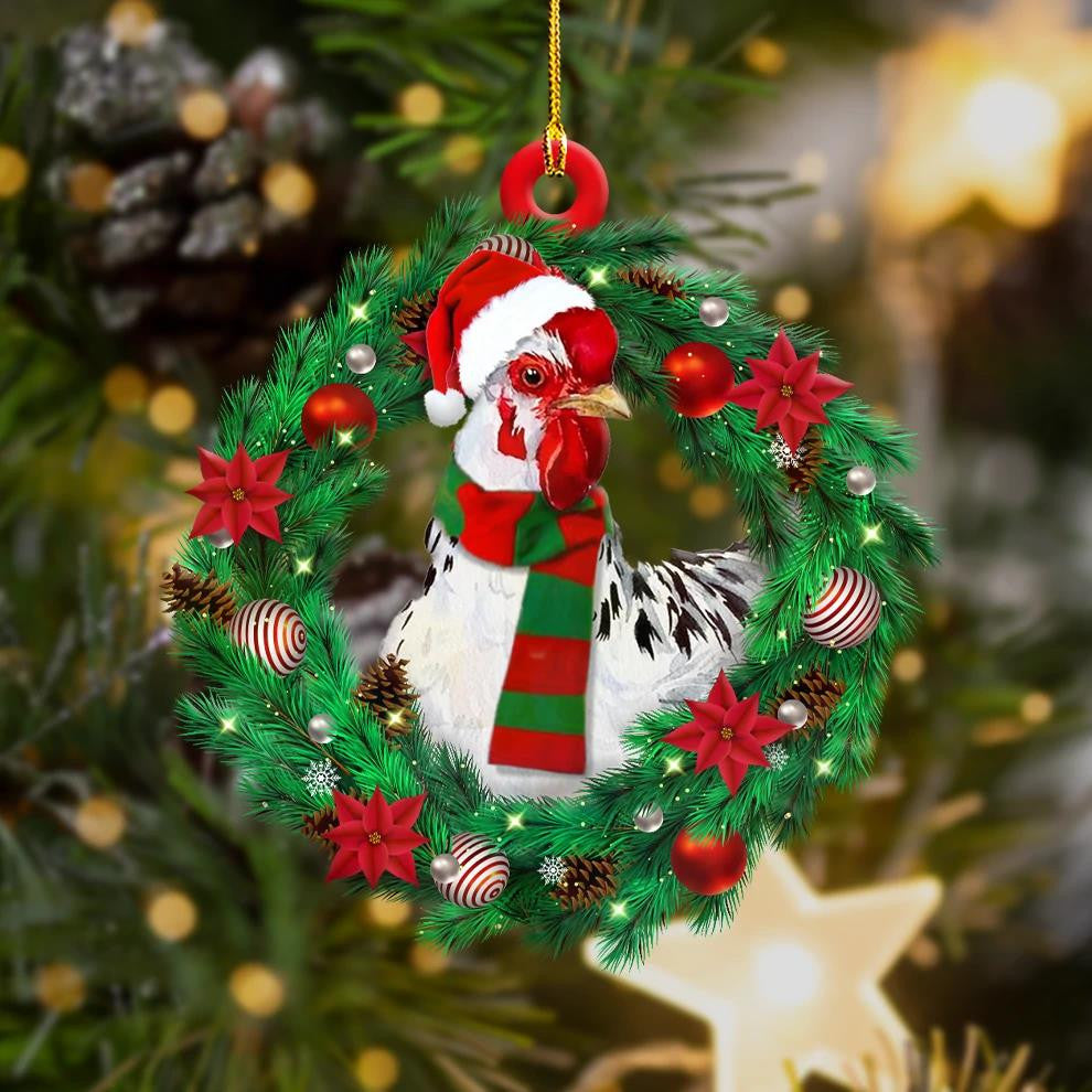 Chicken With Green And Red Scarf Wreath - Chicken Ornament (Printed On Both Sides) 1122