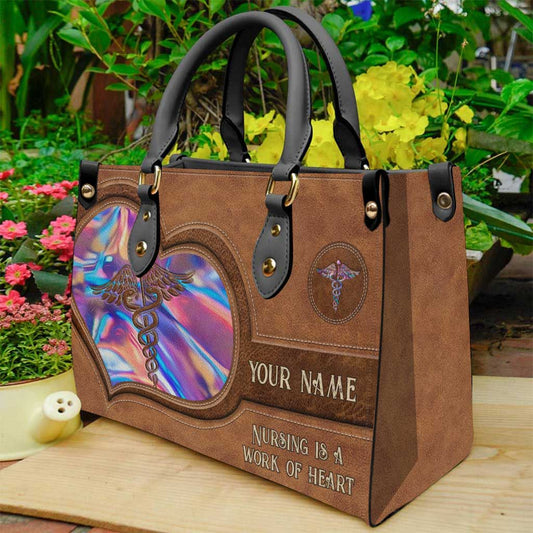 Nursing Is A Work Of Heart - Personalized Nurse Leather Handbag