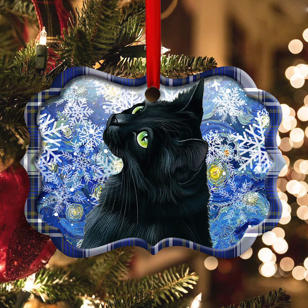Christmas Black Cat Stary Snowy Night - Cat Ornament (Printed On Both Sides) 1022