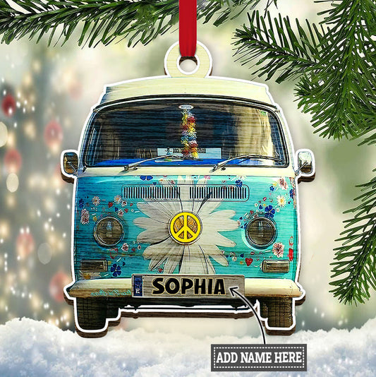 Hippie Van Blue And Daisy Peace - Personalized Hippie Ornament (Printed On Both Sides) 1122